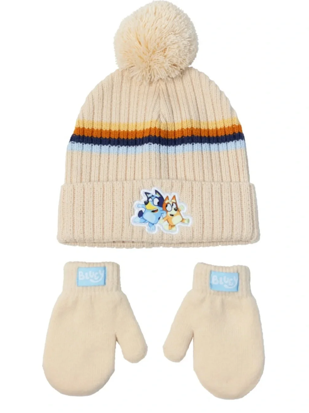 Cream Pom Beanie and Mittens Set for Kids